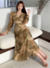Picture of Women’s Asymmetrical Fitted Dress – Retro Floral V-Neck, Holiday Style