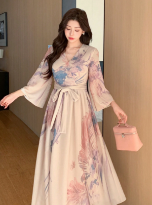 Picture of DAYZ V-Neck Floral Pattern Self-Tie Belt Midi Dress