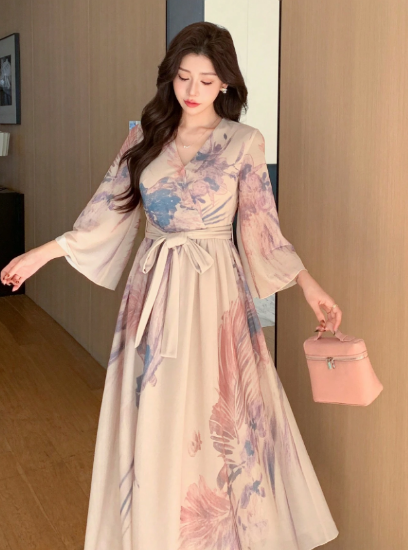 Picture of DAYZ V-Neck Floral Pattern Self-Tie Belt Midi Dress