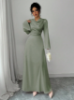 Picture of Women’s Elegant Satin Maxi Dress – Deep Neckline, Long Sleeves, Drawstring Waist