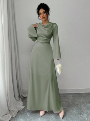 Picture of Women’s Elegant Satin Maxi Dress – Deep Neckline, Long Sleeves, Drawstring Waist
