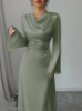 Picture of Women’s Elegant Satin Maxi Dress – Deep Neckline, Long Sleeves, Drawstring Waist