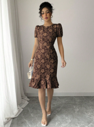 Picture of Women's Elegant Jacquard Midi Dress – Ruffles, Puff Sleevess