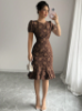 Picture of Women's Elegant Jacquard Midi Dress – Ruffles, Puff Sleevess