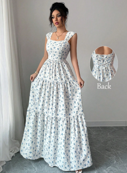 Picture of Women’s Sleeveless Maxi Dress – Floral Pattern, Fitted Waist