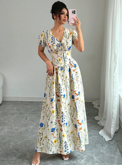 Picture of Women’s Elegant Maxi Dress – Puff Sleeves, Elastic Waist