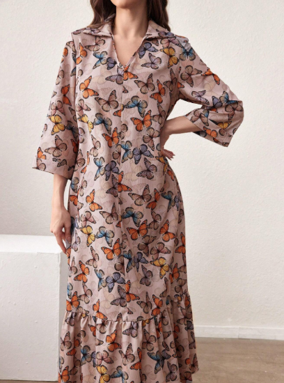 Picture of Mulvari Women's Dress with Butterfly Pattern and V-Neck, Full Length