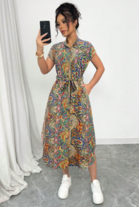 Picture of Women’s Elegant Dress – Paisley Pattern, Short Sleeve, Belt