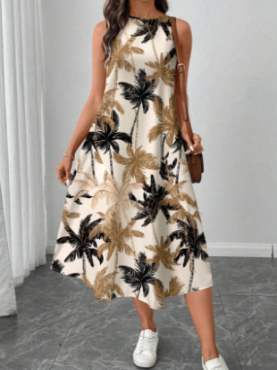 Picture of Women’s Casual Midi Dress – Coconut Palm Print, sleeveless