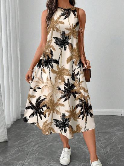 Picture of Women’s Casual Midi Dress – Coconut Palm Print, sleeveless