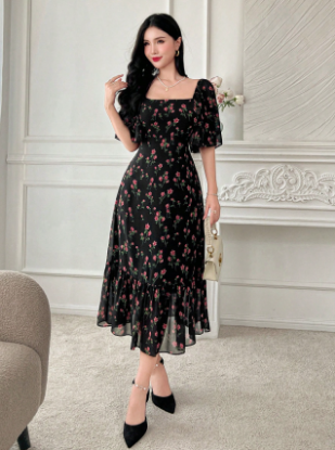 Picture of Women’s Elegant Midi Dress –Chiffon Floral Print