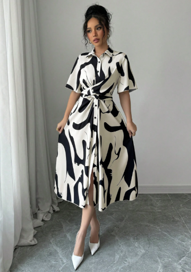 Picture of Women’s Casual midi Dress – Button Placket, shirt style, Patterned