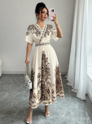 Picture of Women’s V-Neck Midi Summer Dress – Loose Fit, Floral Pattern