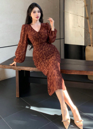 Picture of Women’s Elegant Dress – Leopard Print, Bow Belt