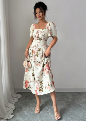 Picture of Women’s Elegant Dress – Square Neckline, Ruffle Sleeves, Floral Print