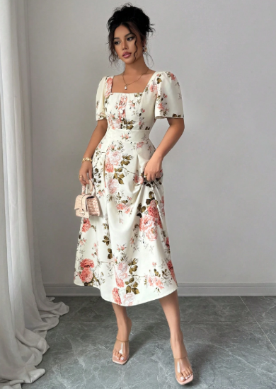 Picture of Women’s Elegant Dress – Square Neckline, Ruffle Sleeves, Floral Print