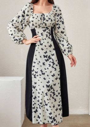 Picture of Women’s Elegant Maxi Dress – Butterfly Pattern, Lantern Sleeves