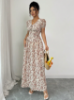 Picture of Women’s Elegant Dress – V-Neck, Floral Print, Waist Belt