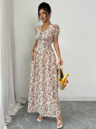 Picture of Women’s Elegant Dress – V-Neck, Floral Print, Waist Belt