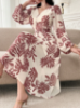 Picture of Women’s Elegant Knee-Length Dress – V-Neck, Puff Sleeves, Floral Pattern
