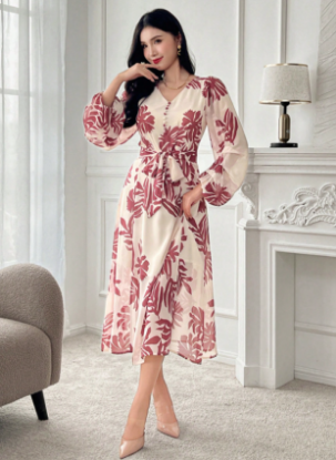 Picture of Women’s Elegant Knee-Length Dress – V-Neck, Puff Sleeves, Floral Pattern