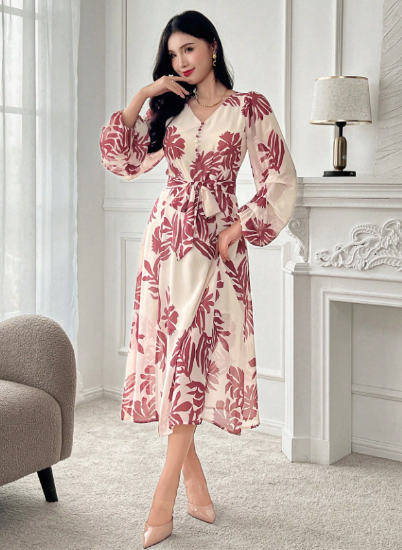 Picture of Women’s Elegant Knee-Length Dress – V-Neck, Puff Sleeves, Floral Pattern