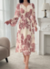 Picture of Women’s Elegant Knee-Length Dress – V-Neck, Puff Sleeves, Floral Pattern