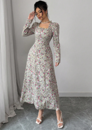 Picture of Women’s Vintage Floral Dress – Square Neck, Long Sleeves