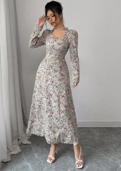 Picture of Women’s Vintage Floral Dress – Square Neck, Long Sleeves