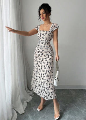 Picture of Women’s Elegant Dress – Square Neckline, Floral Print