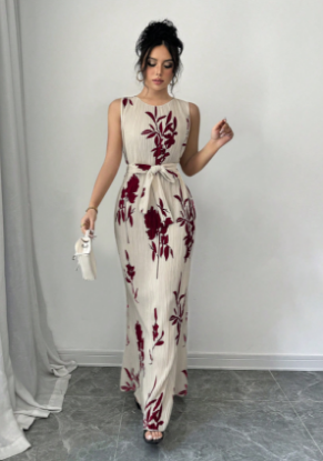 Picture of Elenzga Women's Sleeveless Pleated Printed Dress with Gathered Waist,