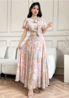 Picture of Women’s Elegant Dress – Floral Print, Gathered Collar