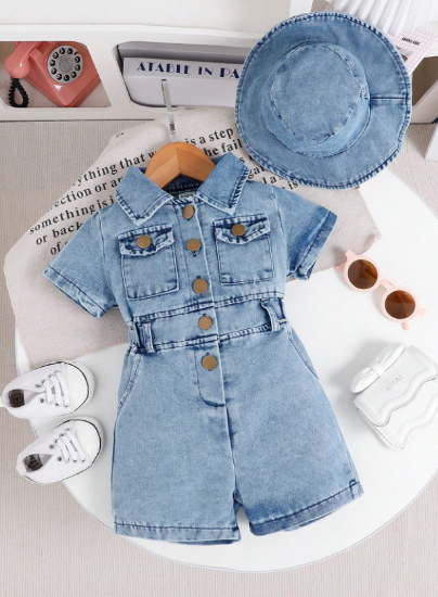Picture of Baby Girls Denim Romper - with hat