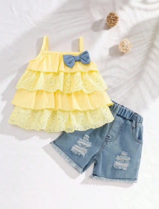 Picture of Baby Girls Set - Denim shorts, sleeveless raffles top