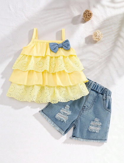 Picture of Baby Girls Set - Denim shorts, sleeveless raffles top