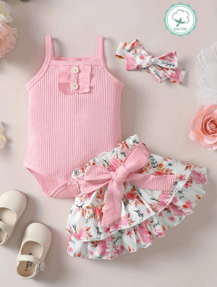 Picture of Baby girl 3-Pcs. floral print Set - bodysuit with skirt headband