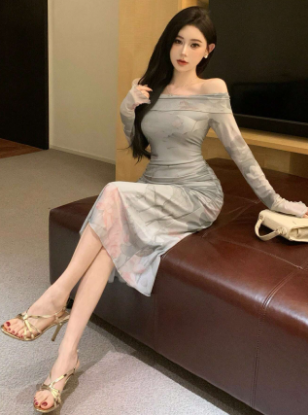 Picture of DAZY Ink Painting Pattern Off-Shoulder Dress