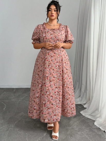 Picture of Women’s Dress – A-Line, Square Neck, Floral Pattern, plus size