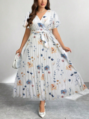 Picture of Women’s Dress – Midi Plus Size, V-Neck, Short sleeves, Belt
