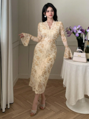 Picture of Women's Dress –Midi, V-Neck, Lace Patchwork, Floral Print, long sleeves