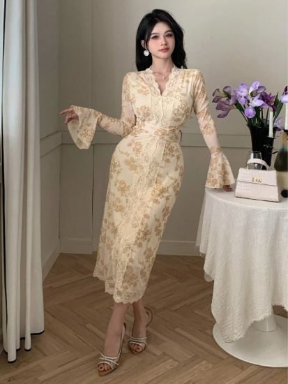 Picture of Women's Dress –Midi, V-Neck, Lace Patchwork, Floral Print, long sleeves