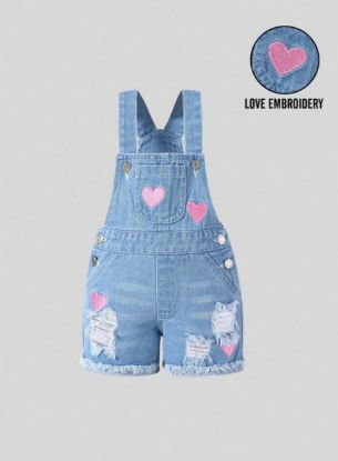 Picture of Baby Girl Casual Sweet Heart-Embroidered Denim Jumper