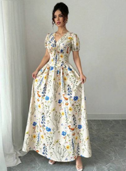 Picture of Elenzga Women's Elegant Long Dress with Puffed Sleeves & Elastic Waist