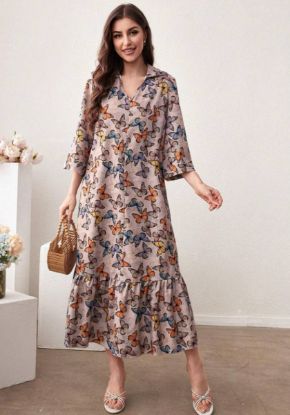 Picture of Mulvari Women's Long Dress with Butterfly Print & V-Neck