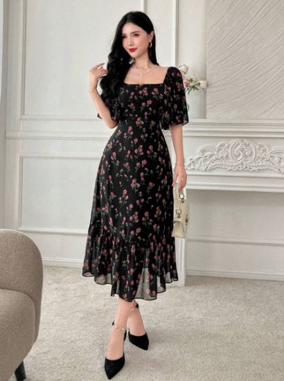 Picture of DAZY Women's Elegant Midi Dress with Ruffle Collar & Fishtail Skirt