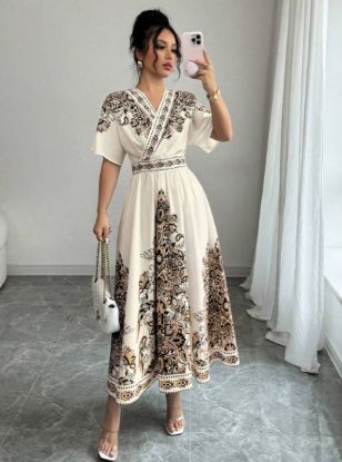 Picture of Chiquease Women's V-Neck Loose Fit Midi Summer Dress with Floral Pattern