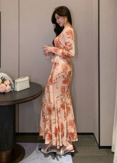 Picture of DAZY Women's Set – Floral Print Wrap Long-Sleeve Top & Midi Skirt