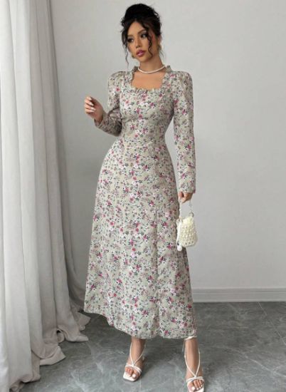 Picture of Mulvari Women's Square Neck Floral Print Vintage-Style Long Sleeve Dress