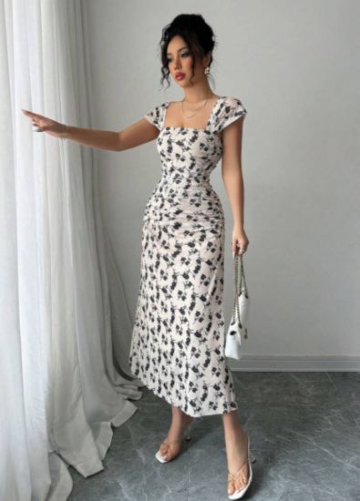 Picture of Elenzga New Women's Dress – Square Neck Floral Print with Transparent Mesh