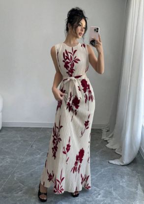 Picture of Elenzga Women's Sleeveless Pleated Printed Dress with Gathered Waist